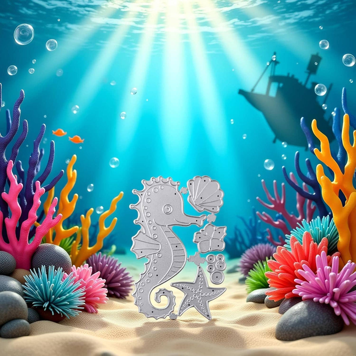 Silver seahorse die-cut with shell and starfish shapes on ocean scene craft card