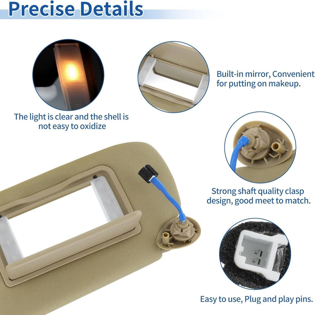 Beige sun visor with lit mirror panel and blue wiring connector on the back