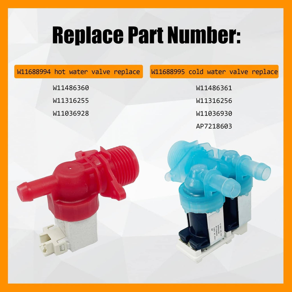 Hot and cold washer inlet valves: red and blue units with mounting base
