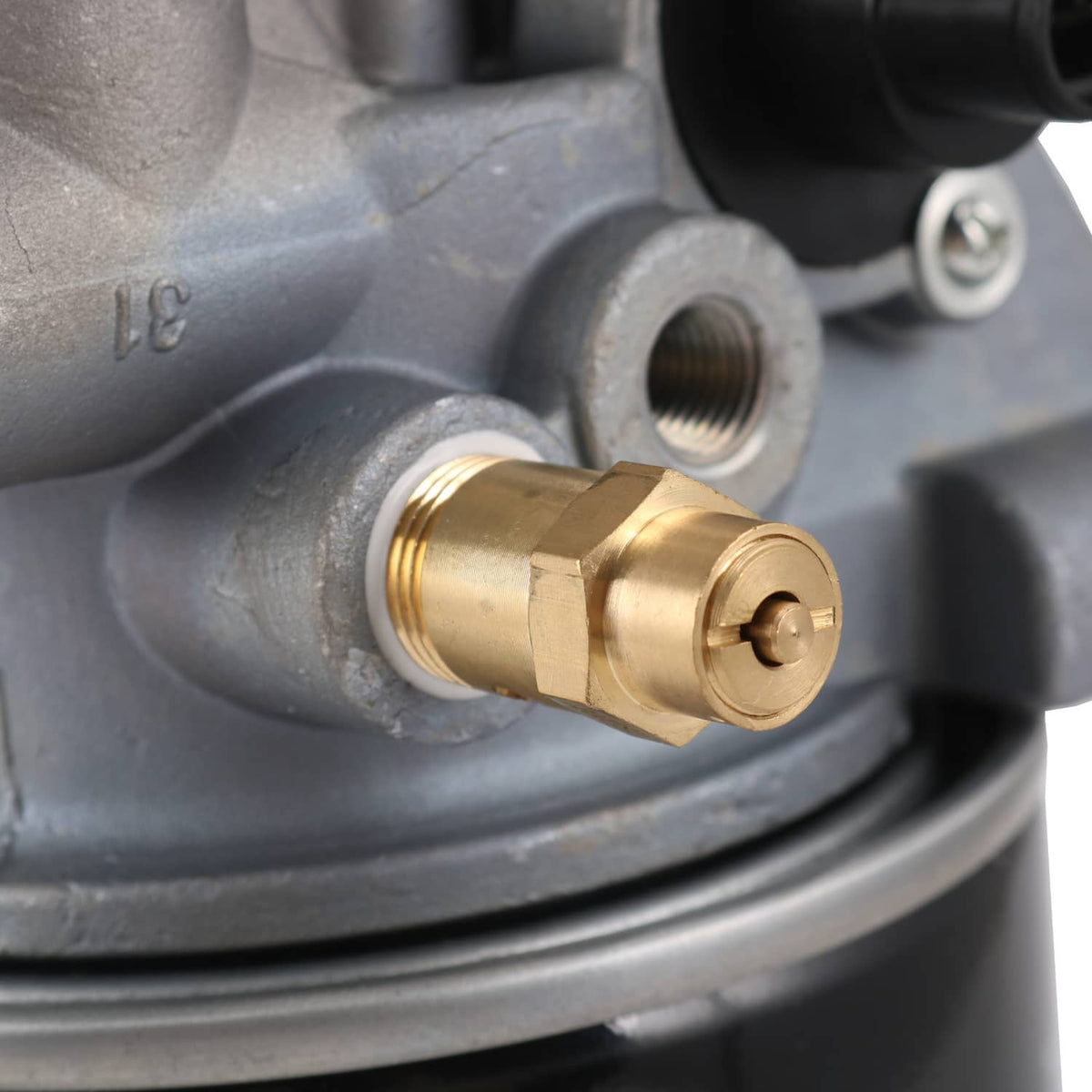 Air dryer with brass fitting and threaded port on gray metal body