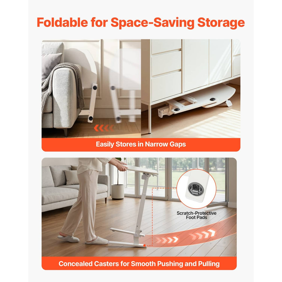Foldable standing desk with light tabletop and concealed caster wheels for easy storage