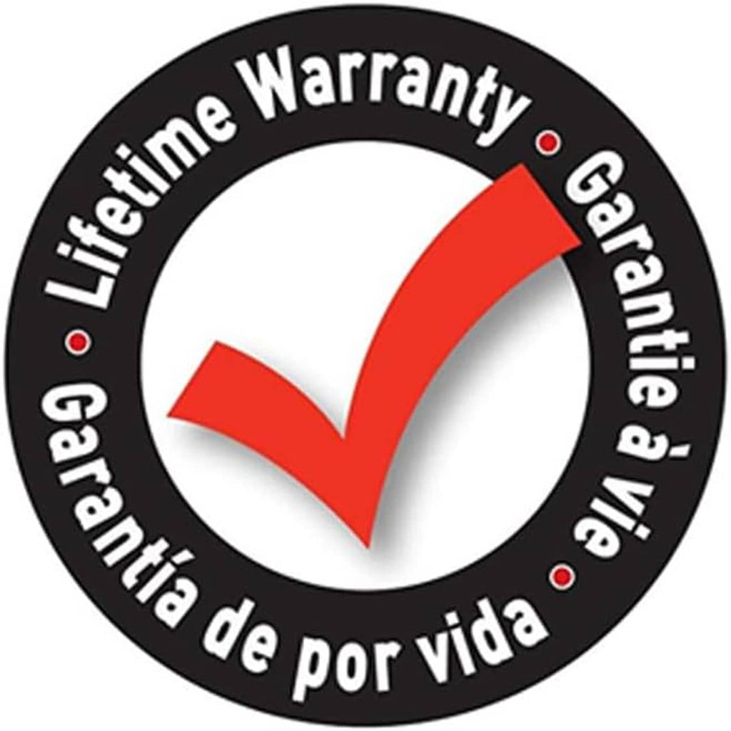 Black circular lifetime warranty sticker with red check mark