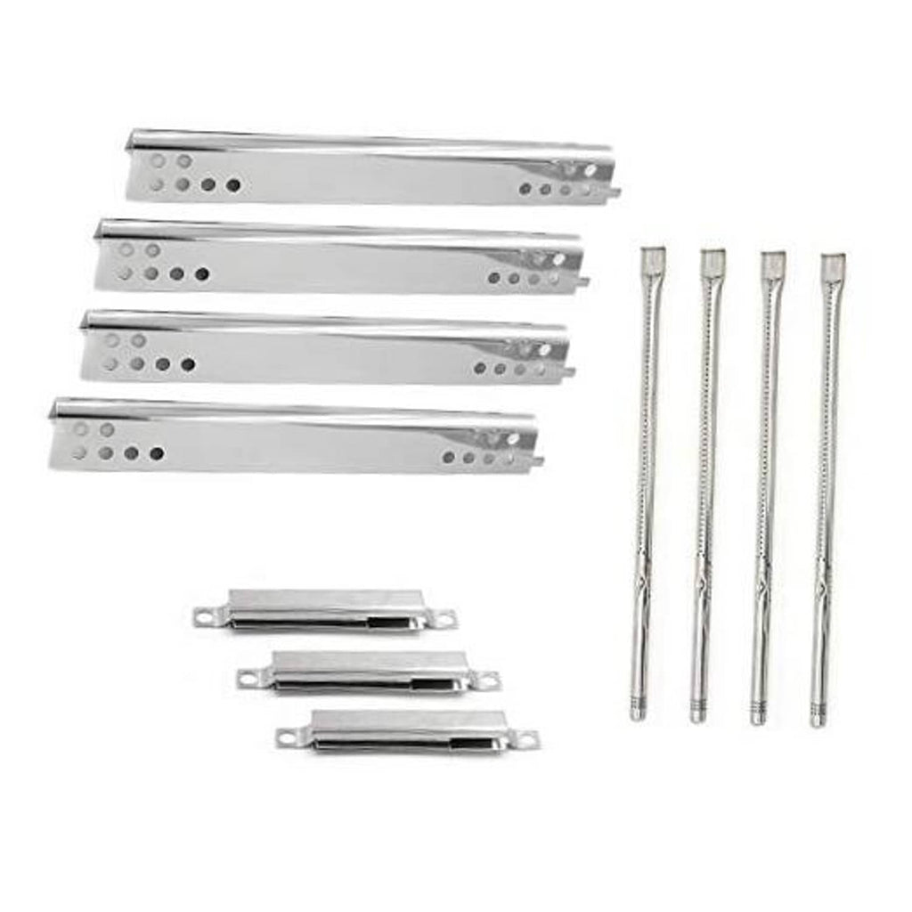 Gas grill burner tube replacement set with four stainless steel tubes and mounting brackets