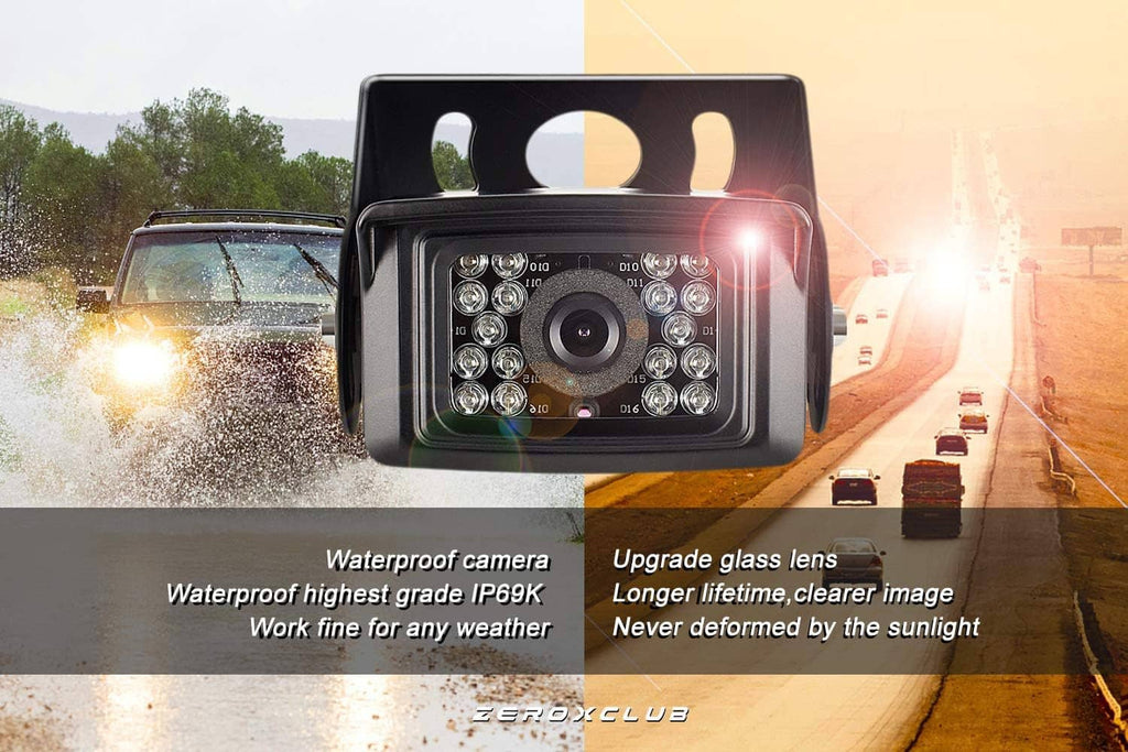 Waterproof rear view camera with multi-LED lens array and wide-angle housing