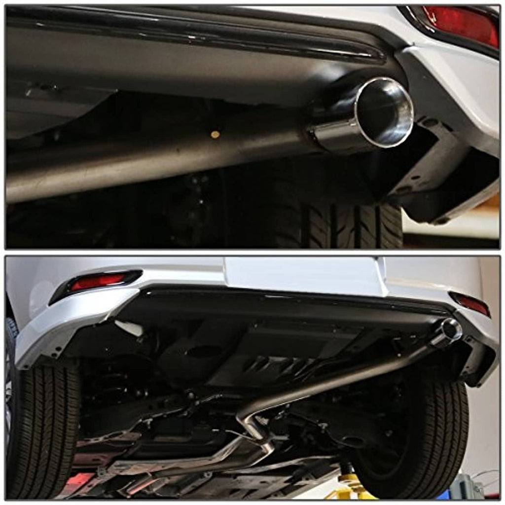 Installed cat-back exhaust showing polished tip and stainless mid-pipe under vehicle