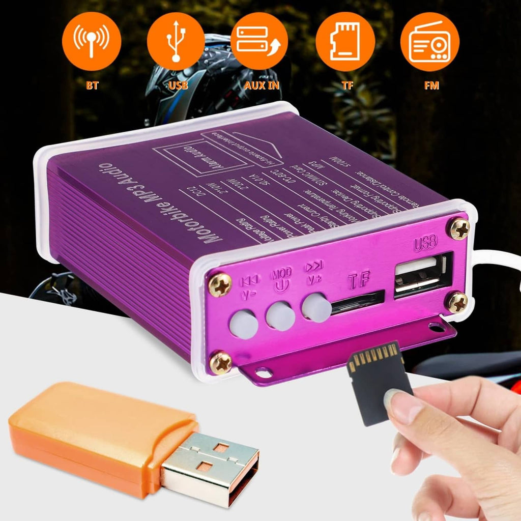 Purple MP3 audio controller with USB port and SD card slot for motorbike use