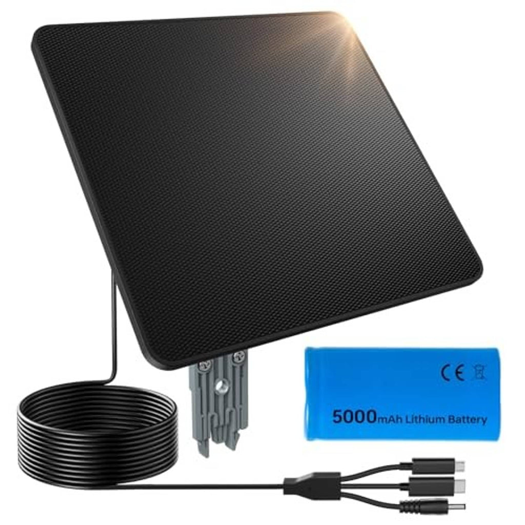 Black flexible solar panel with coiled cable, blue 5000mAh lithium battery, and connectors