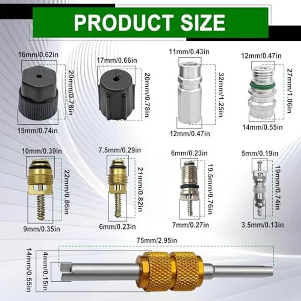 AC valve core removal tool with included valve core fittings, shown with size measurements