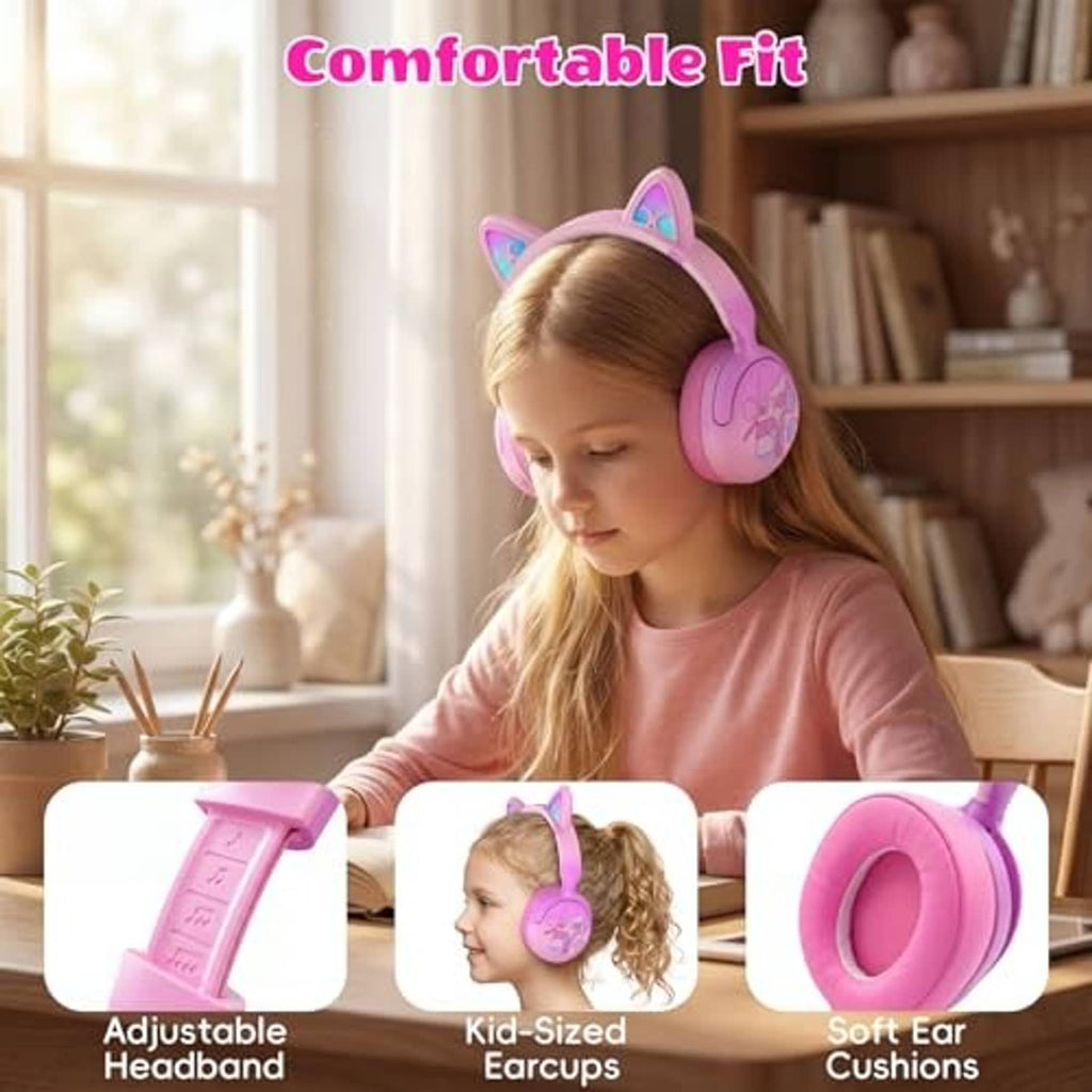 Kids pink over-ear Bluetooth headphones with LED cat ears, adjustable headband comfort