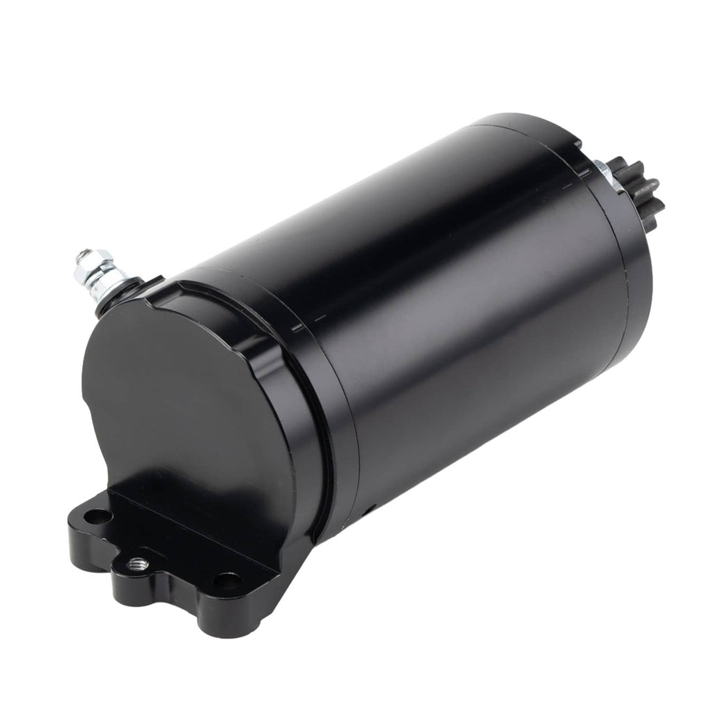 Starter motor assembly, rear end with mounting feet and black cylindrical housing