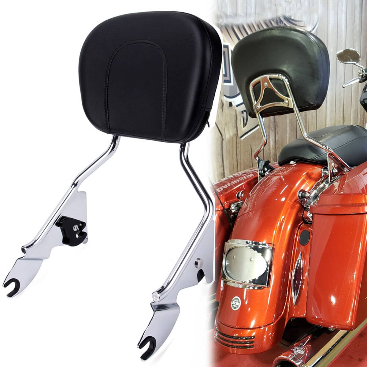 Detachable sissy bar backrest with black padded seat and chrome mounting frame
