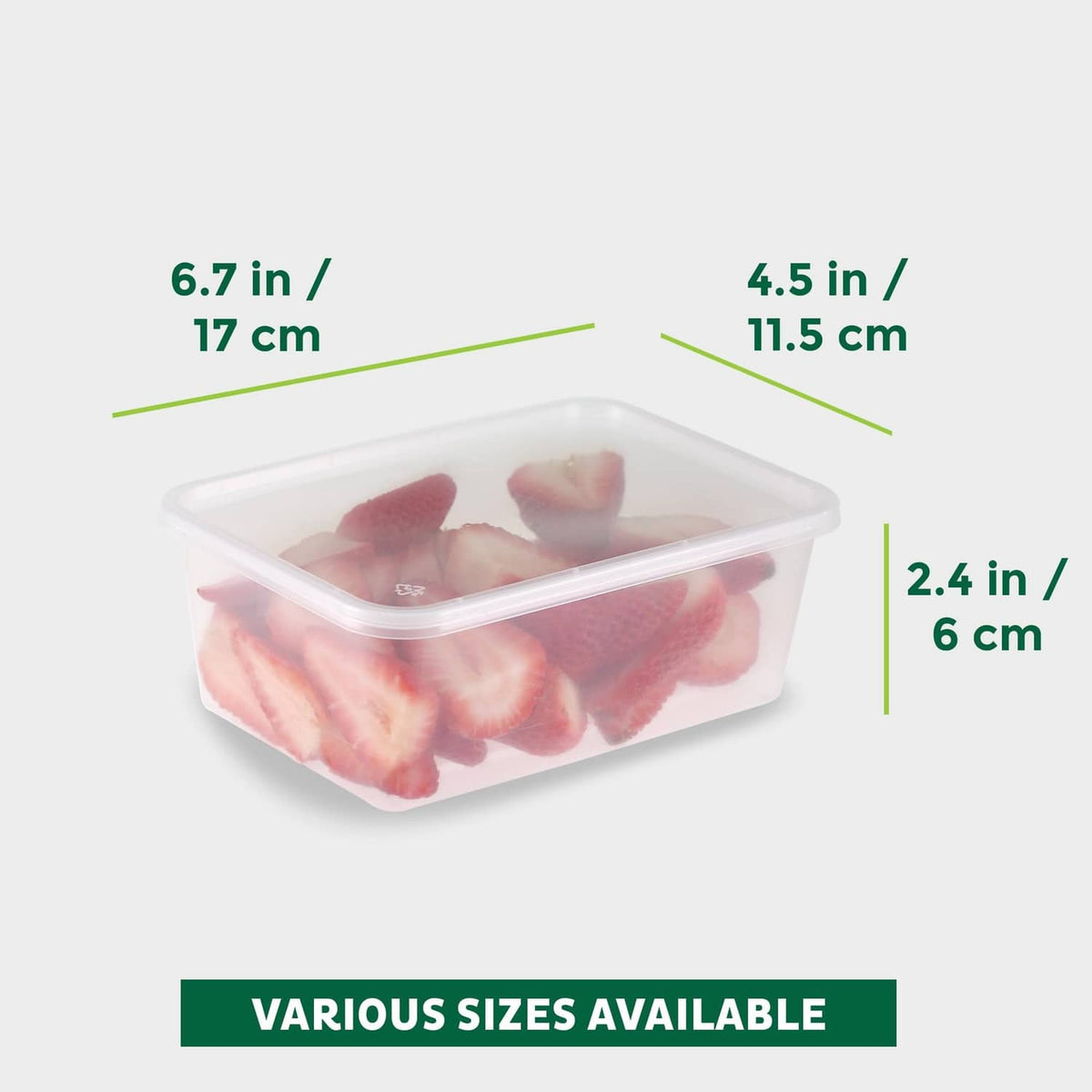 Clear plastic food storage container with airtight lid, 2.4 in height