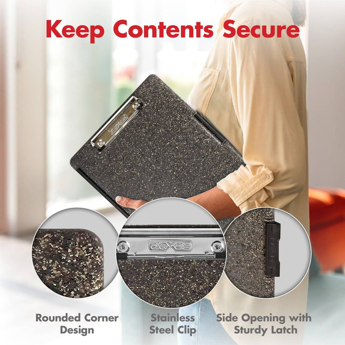 Speckled dark gray clipboard with stainless-style metal clip and sturdy side latch