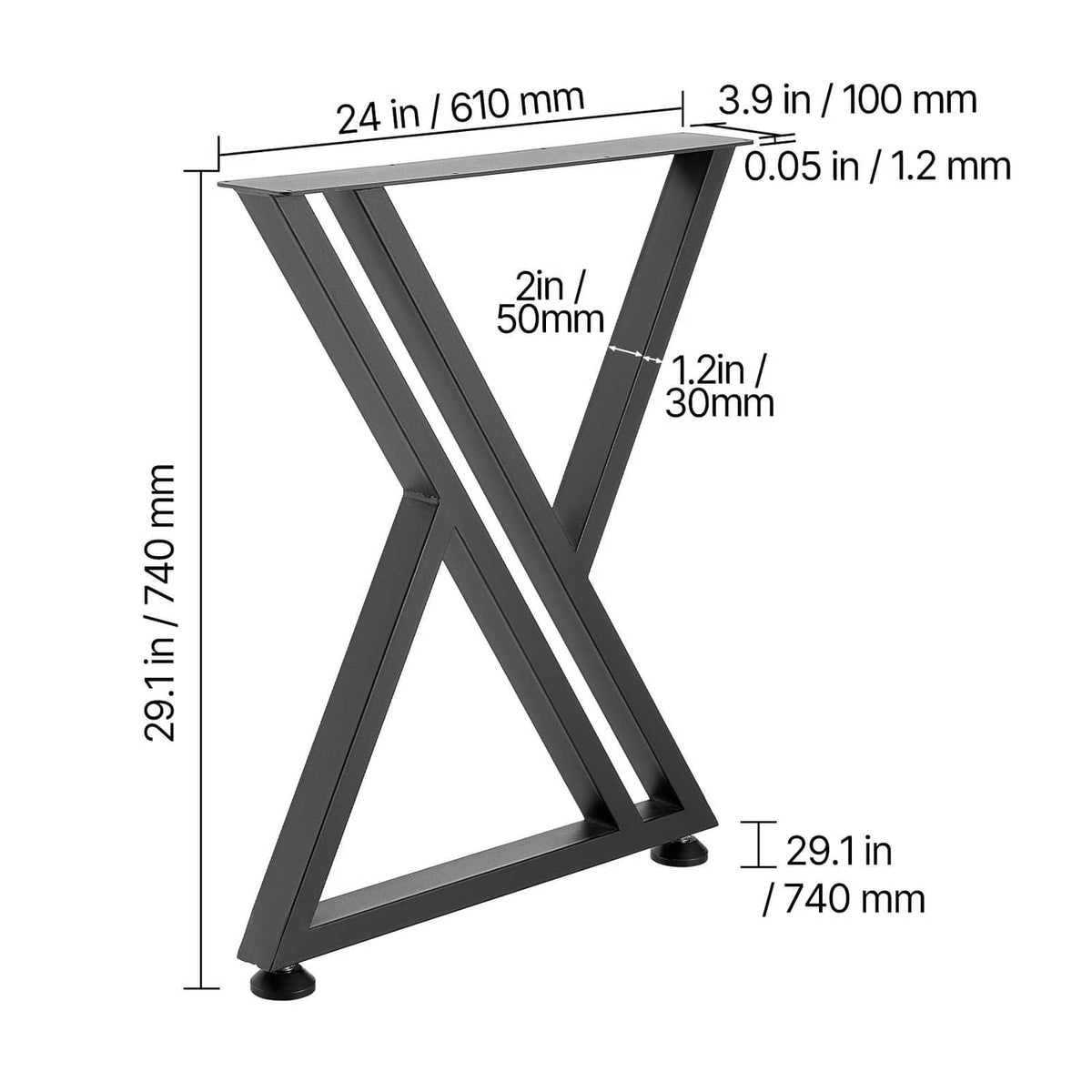 Black steel table legs with X-frame and size dimensions, single leg view