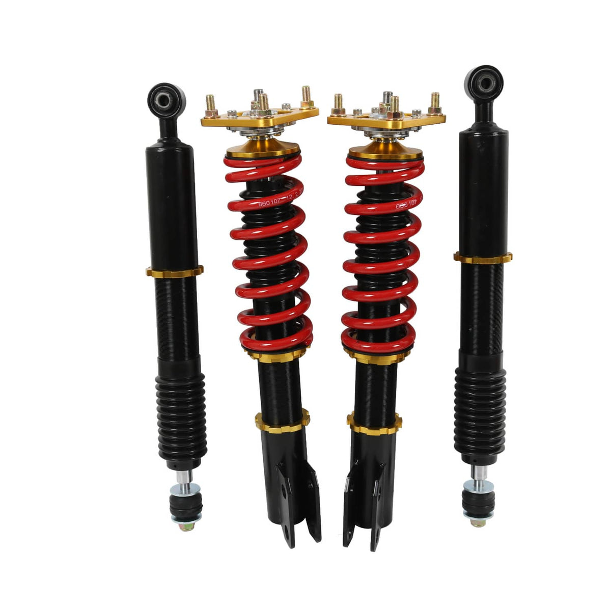 Pair of coilover struts with red springs, black bodies, and gold adjustable top plates