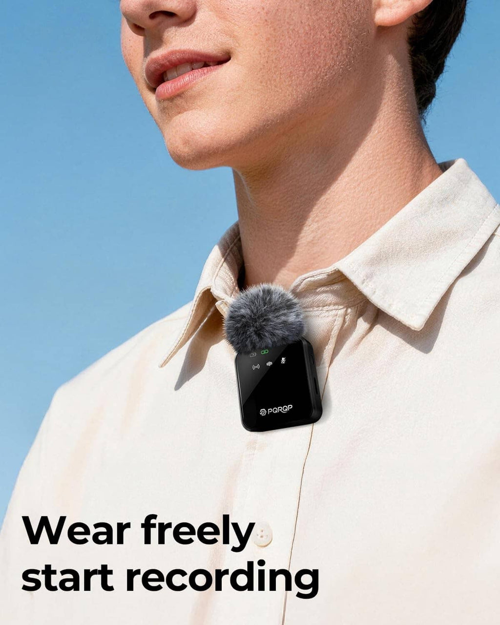 Clip-on wireless mini microphone with foam windscreen on a shirt