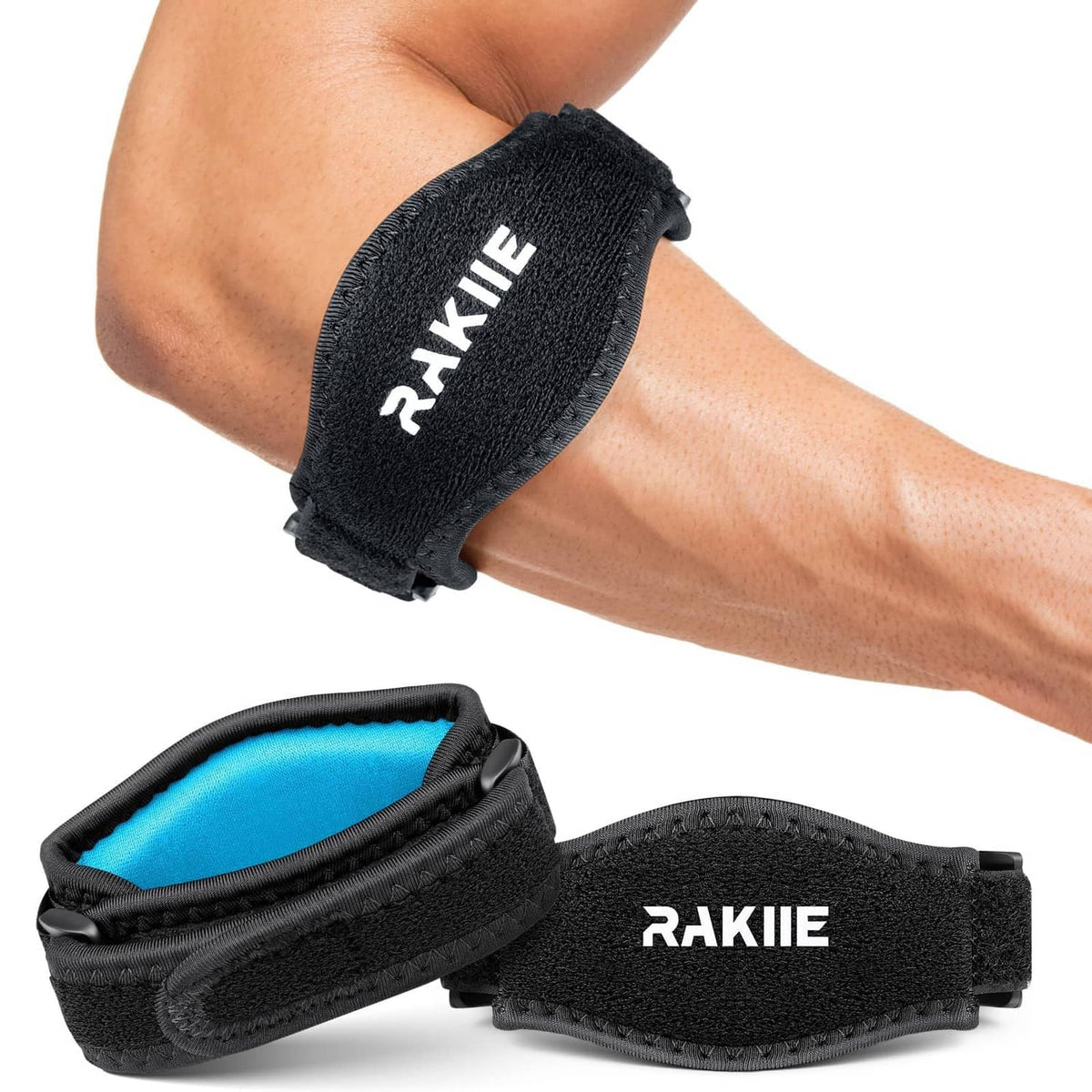 Black tennis elbow brace with adjustable strap and blue support pad for forearm.
