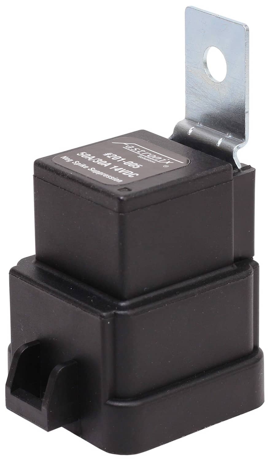 Black weatherproof automotive relay with metal mounting bracket and top label
