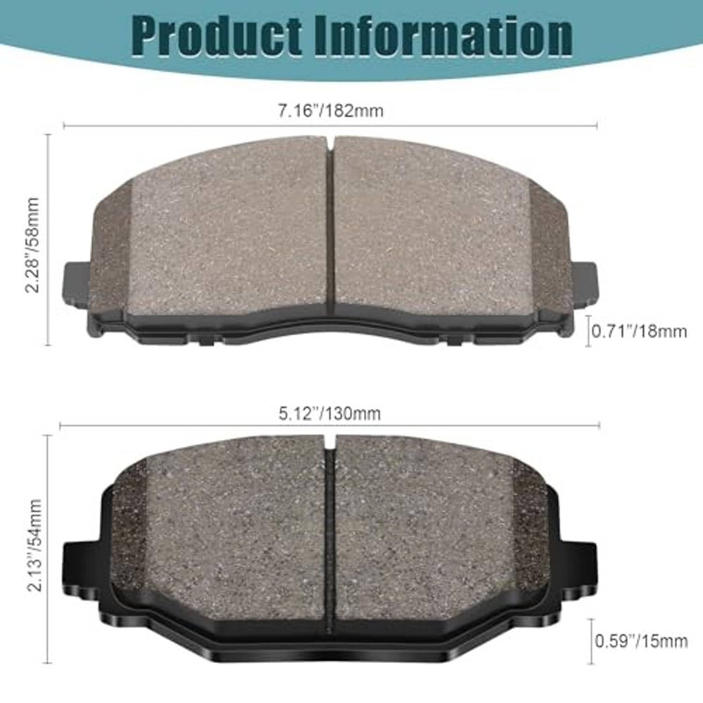 Ceramic brake pads with gray friction faces on black backing, size measurement diagram