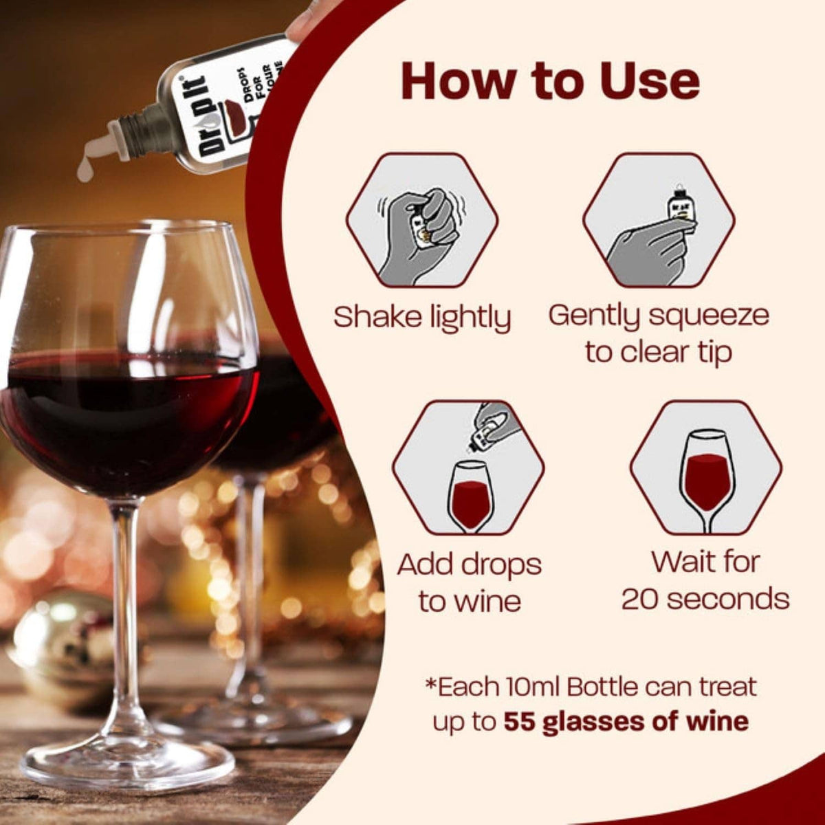 Drop It wine drops how-to use: 10ml bottle with illustrated wine and dosing steps