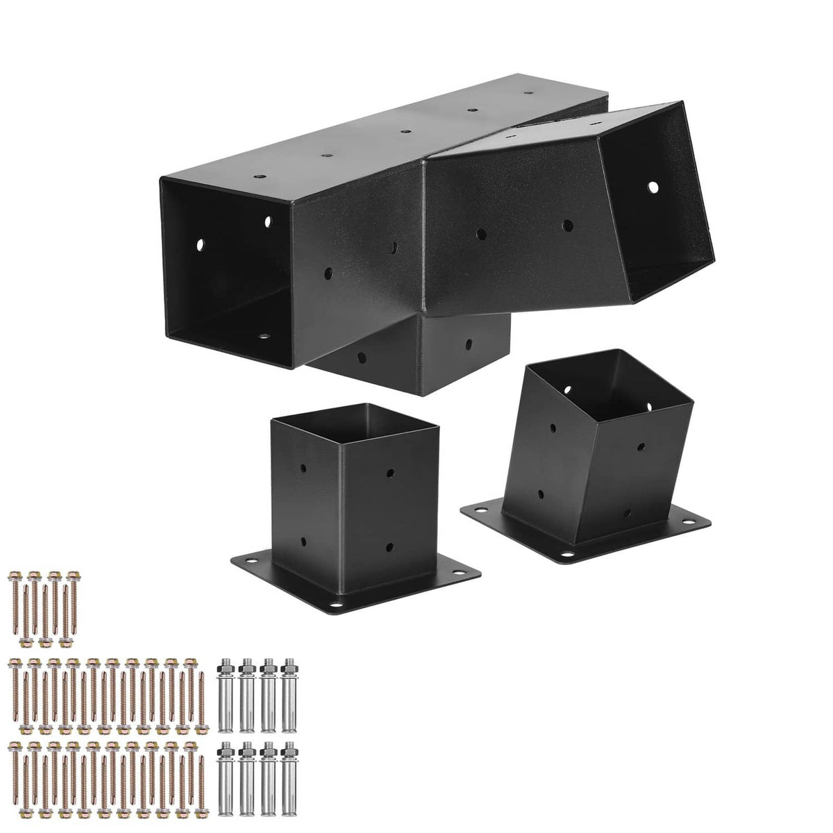 4-way slanted pergola bracket kit, black steel corner connector blocks with mounting holes