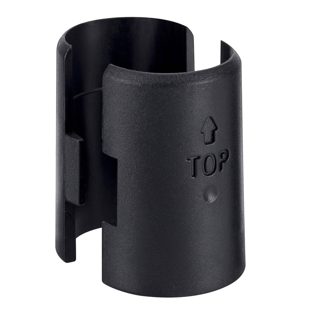 Black wire shelf lock clip fitted to a wire shelving post, TOP side up