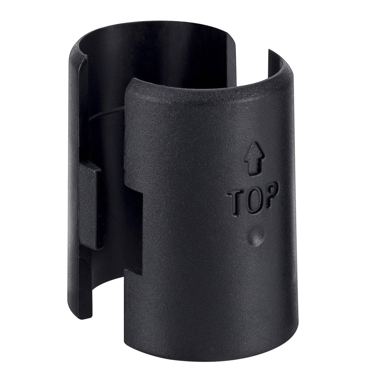 Black wire shelf lock clip fitted to a wire shelving post, TOP side up