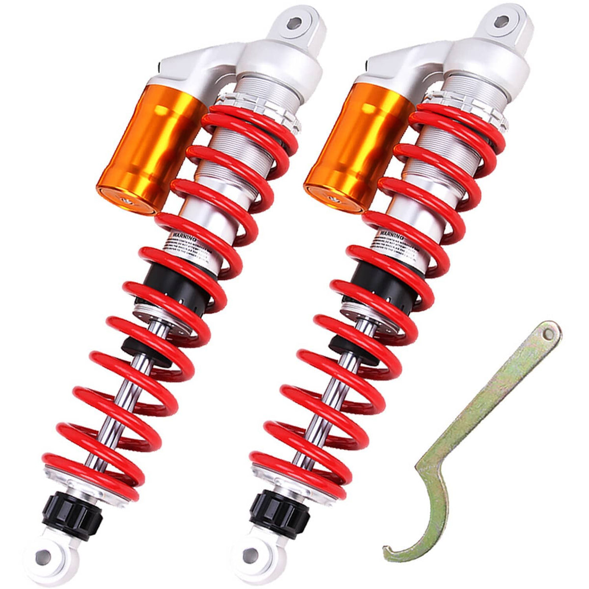 Front shock absorbers pair with red coil springs, orange-gold cylinders, silver mounts