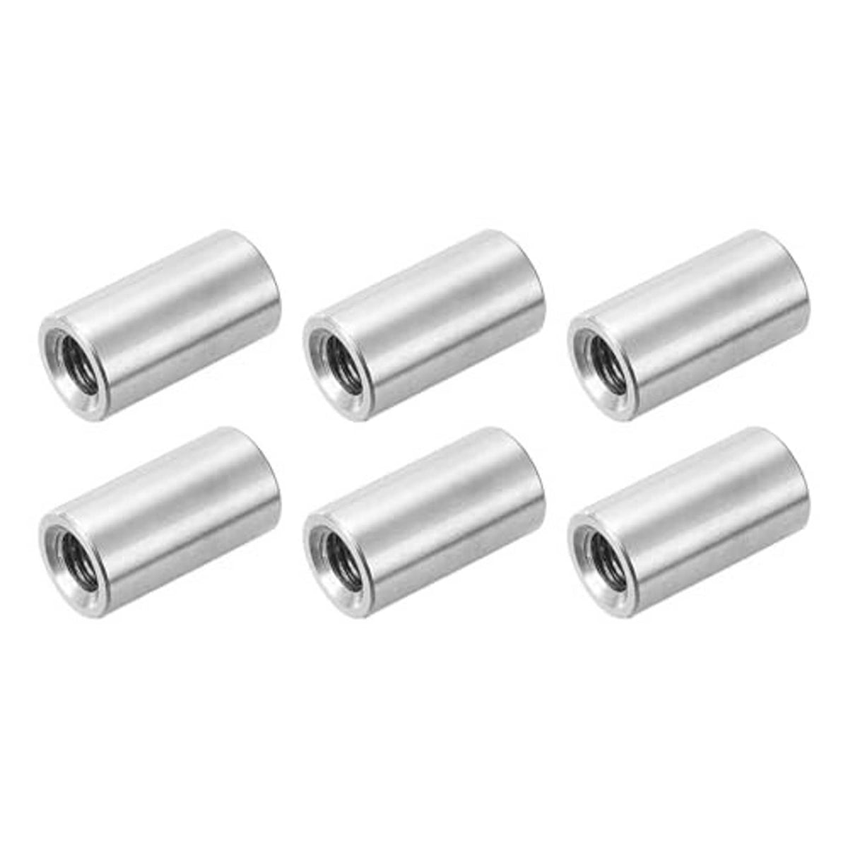 Six round stainless steel coupling nuts with internal threads