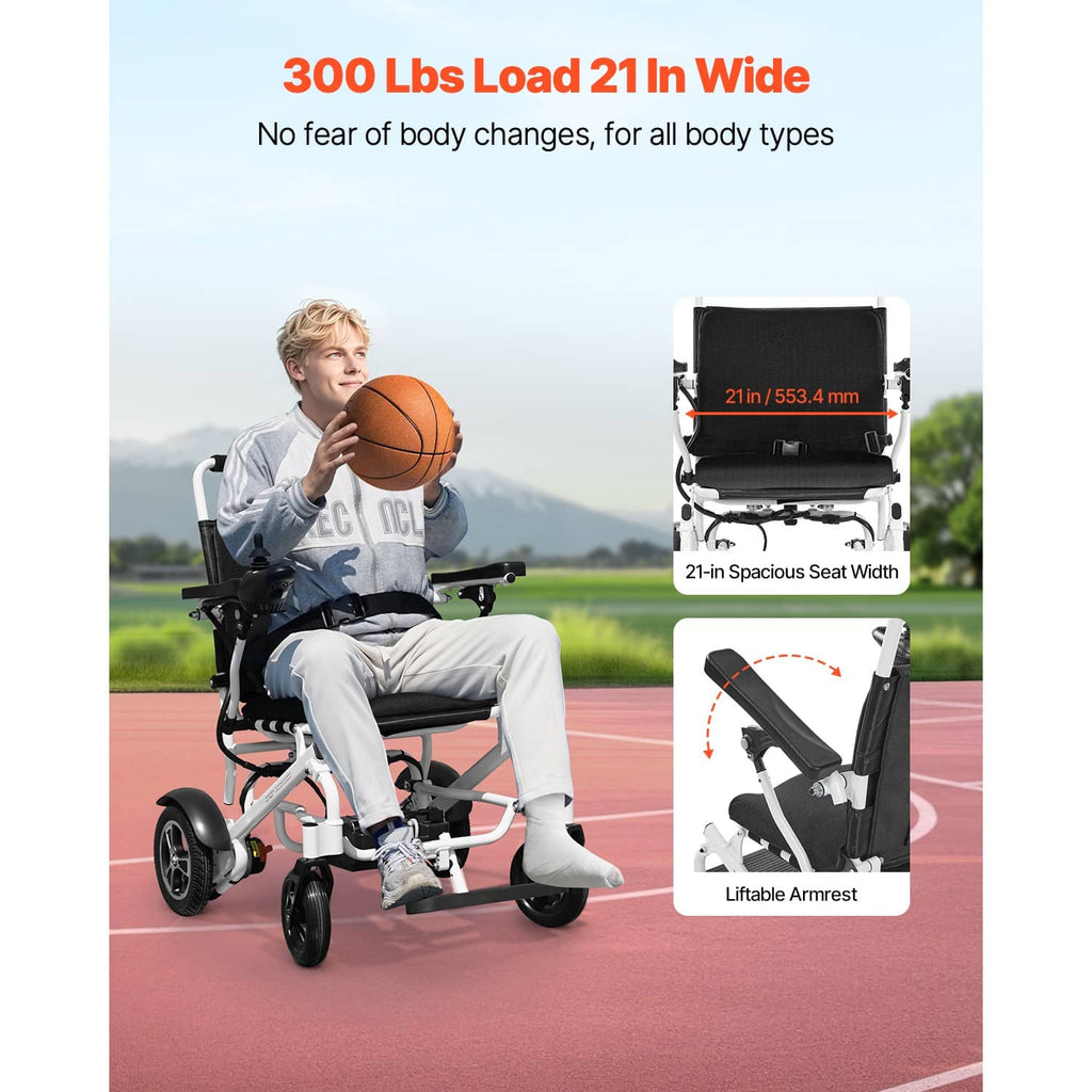 Electric mobility wheelchair with wide black seat cushion and lift-up armrests