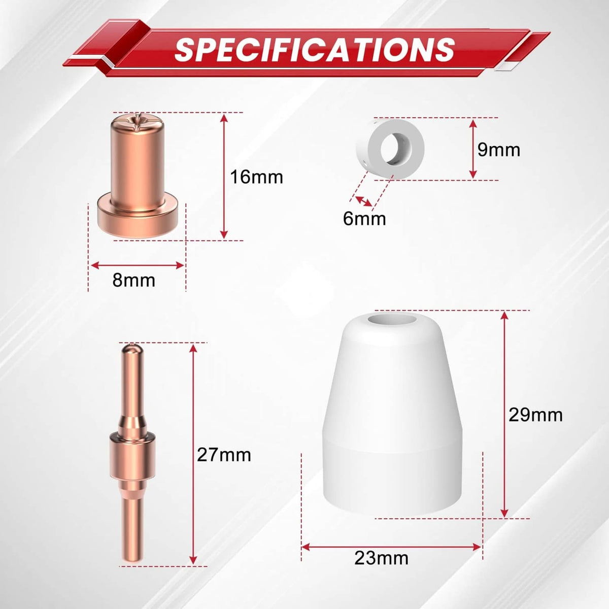 Plasma cutter consumables size diagram showing copper electrode and white shield cup dimensions