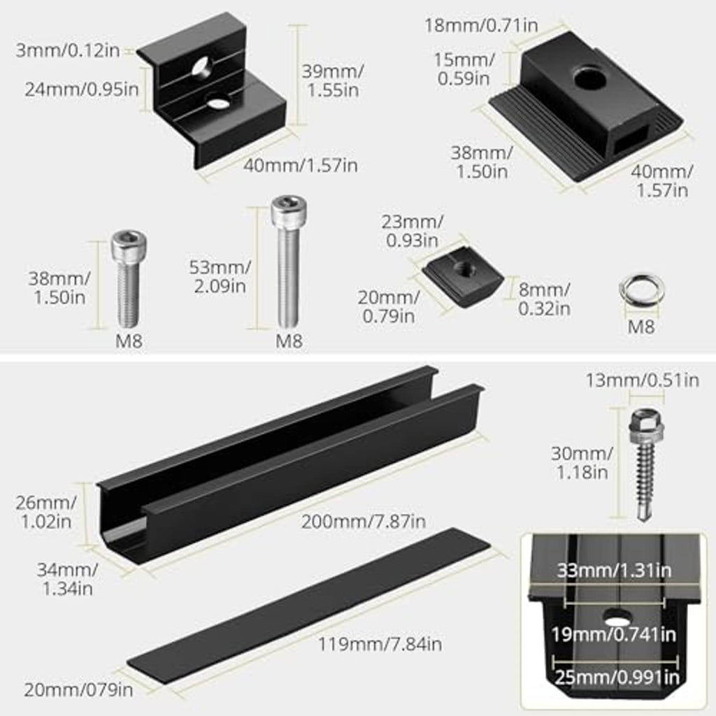 Parts dimension diagram for aluminum solar mounting rails, clips, and M8 screws
