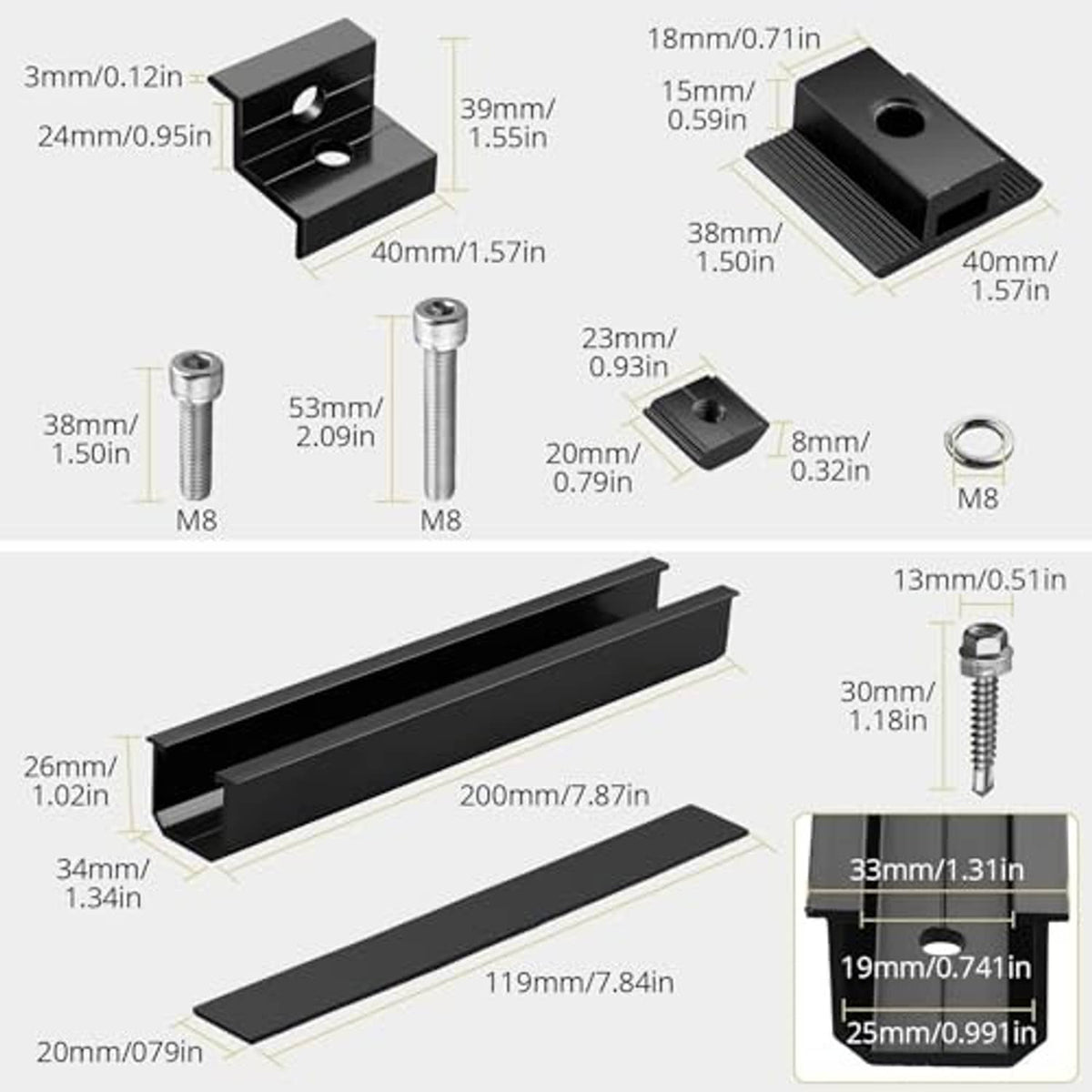 Parts dimension diagram for aluminum solar mounting rails, clips, and M8 screws