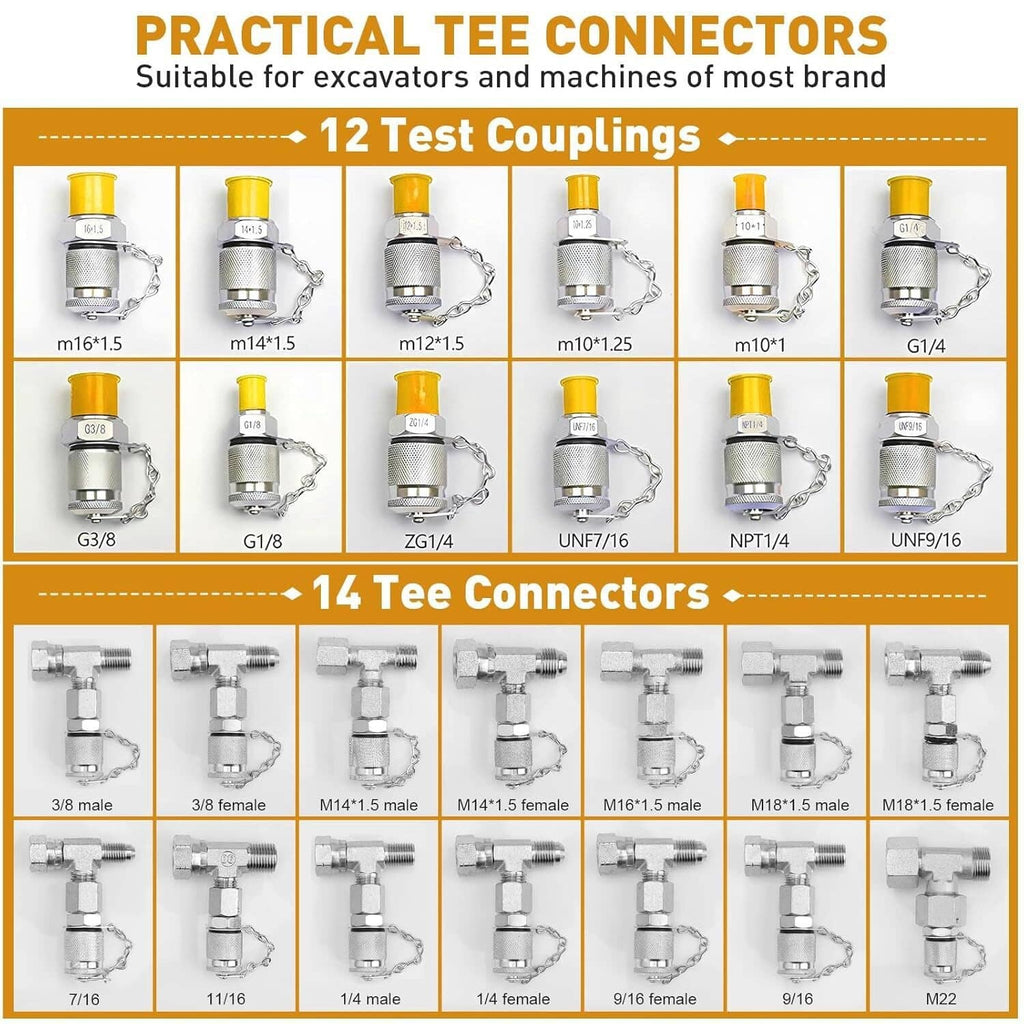 Hydraulic tee connectors and test couplings set with yellow-capped fittings (illustration)