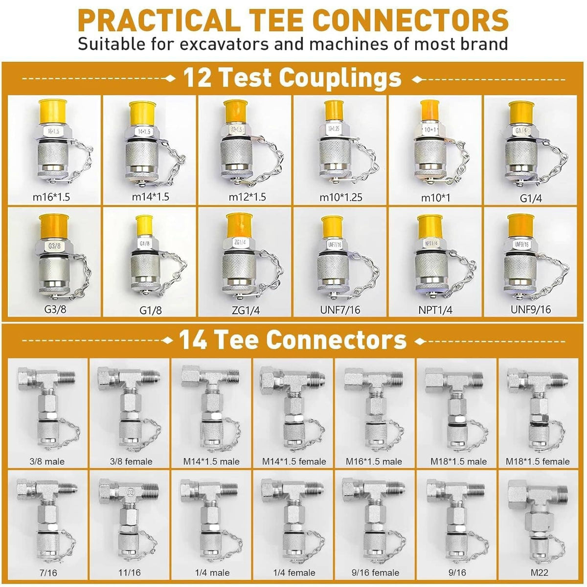 Hydraulic tee connectors and test couplings set with yellow-capped fittings (illustration)