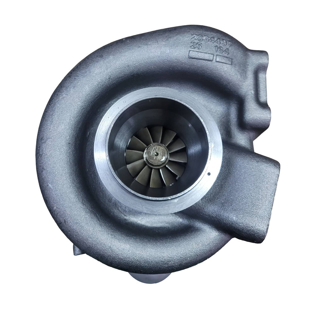 Turbocharger compressor housing with inlet opening and turbine wheel, top view