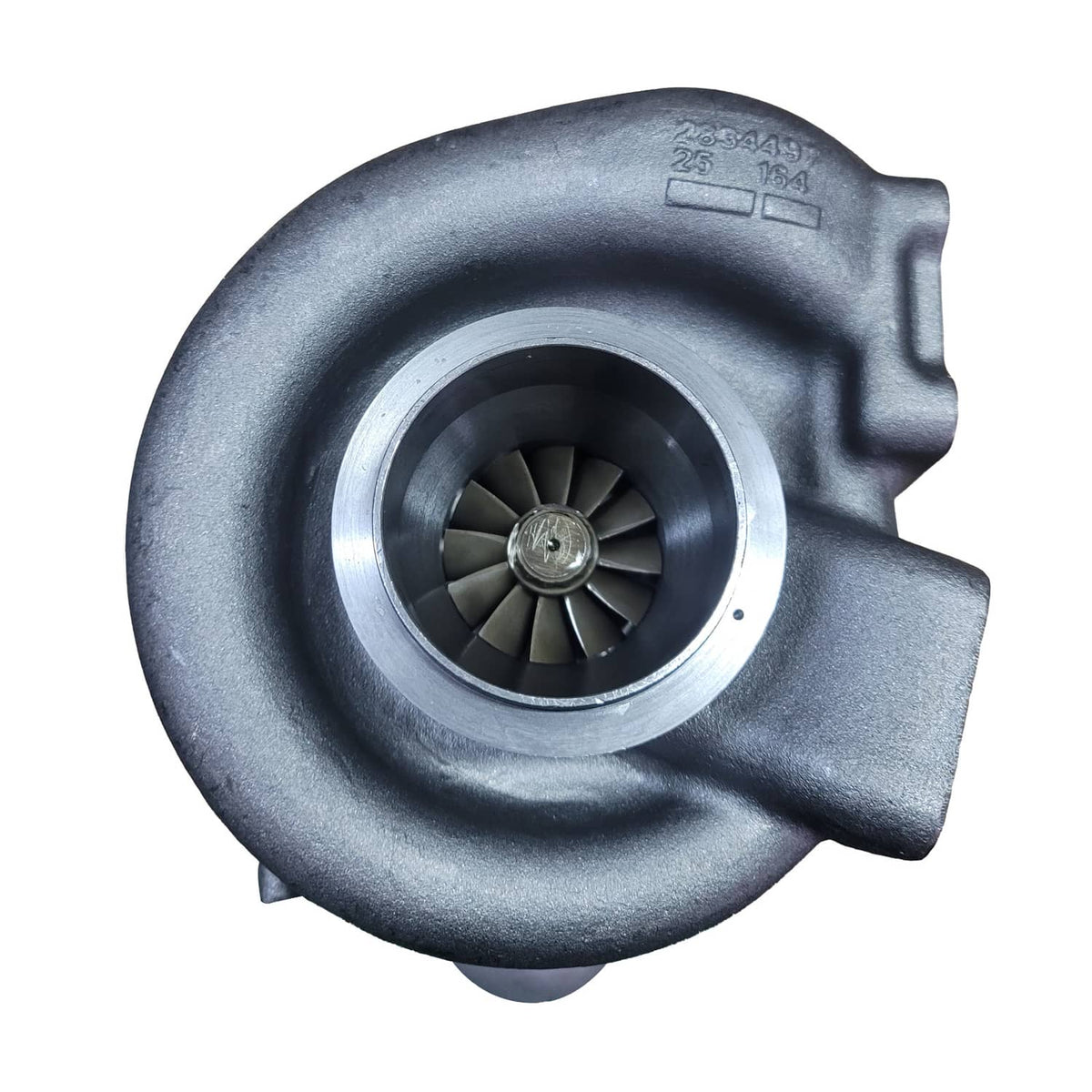 Turbocharger compressor housing with inlet opening and turbine wheel, top view
