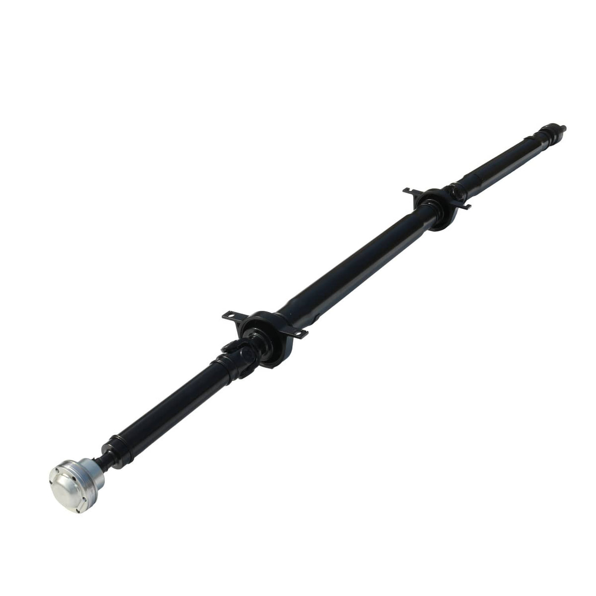 Rear propeller shaft assembly with silver flange end and black support brackets