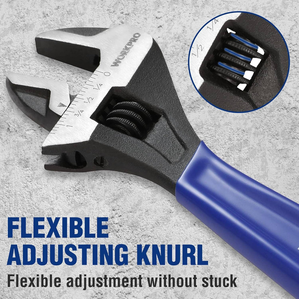 Adjustable wrench with flexible knurled adjuster and blue handle with hanging hole