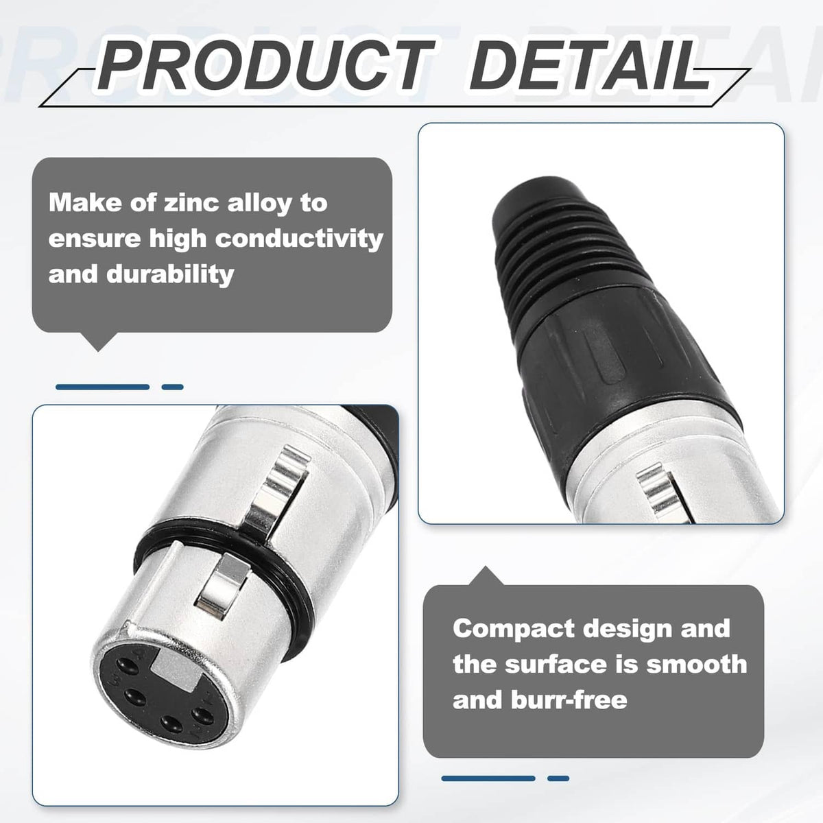 4-pin XLR female connector detail, black grip with silver metal shell
