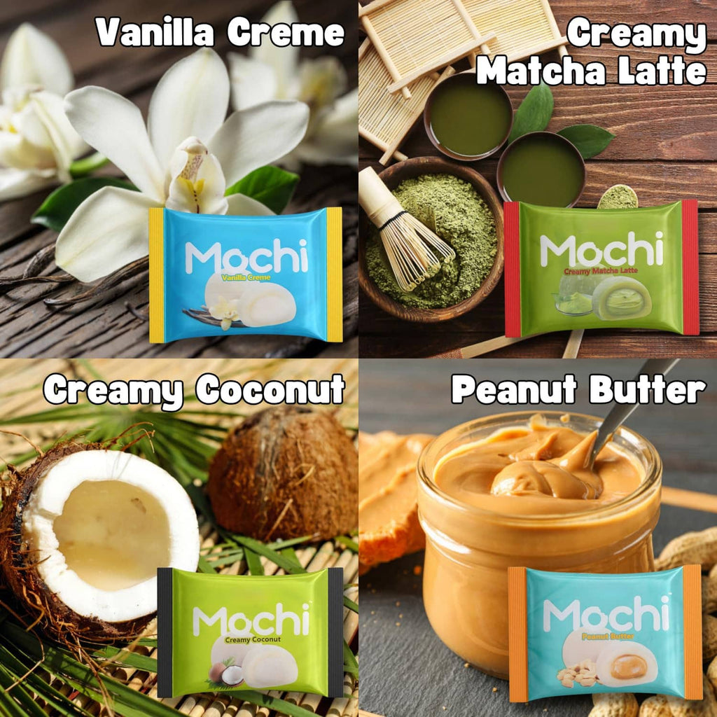 Colorful mochi flavor packets with filled rice cakes and creamy fillings