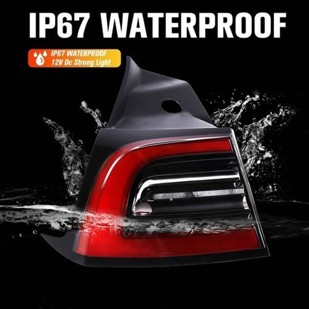 LED tail light assembly with red lens shown against water splash effect.