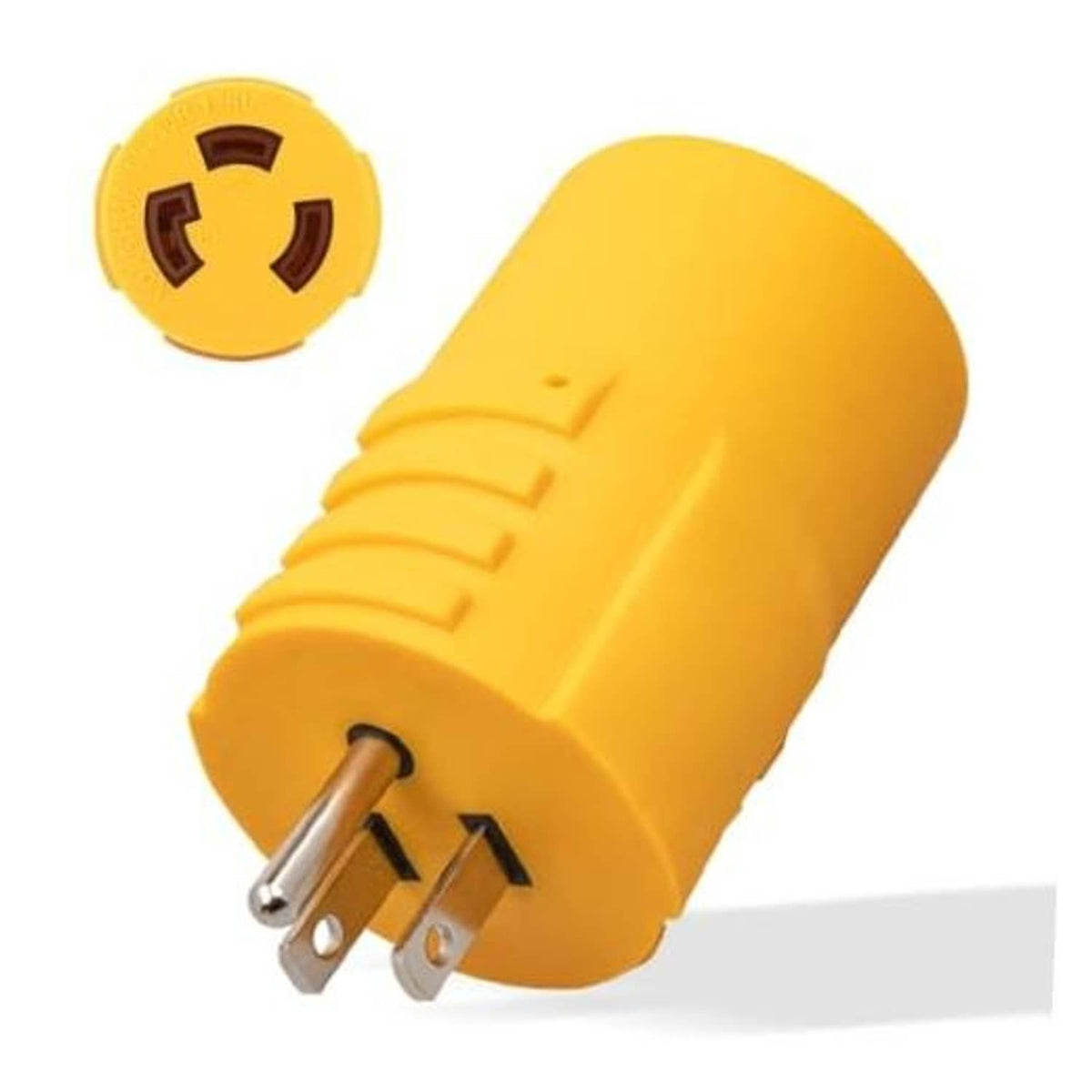 Yellow NEMA L5-30R twist-lock adapter plug with three metal prongs