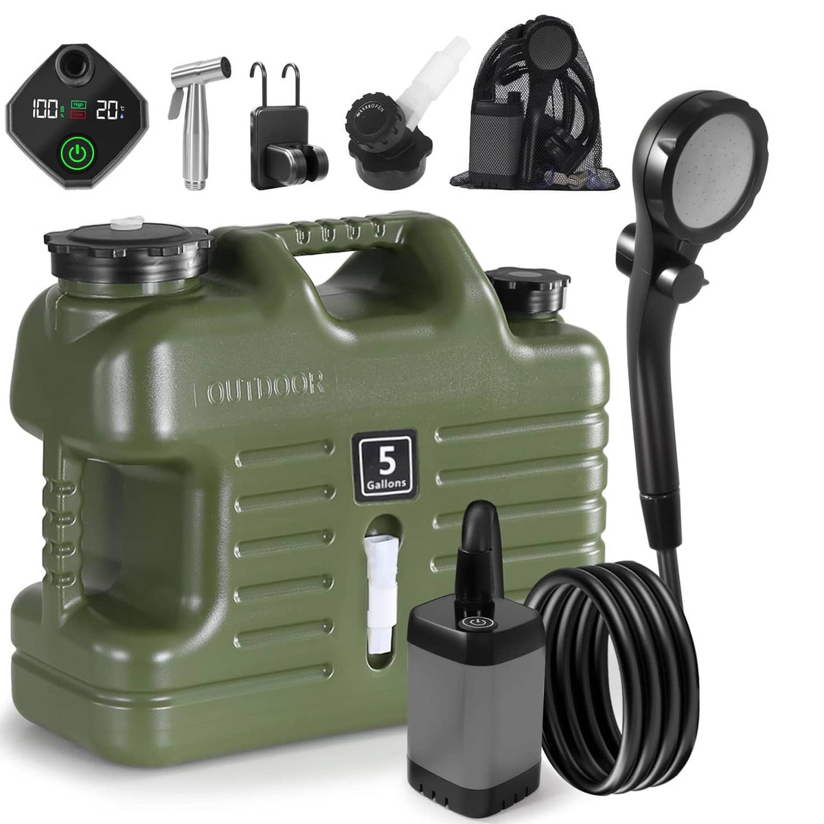 Portable camping shower set with 5-gallon green water jug, hose and adjustable shower head