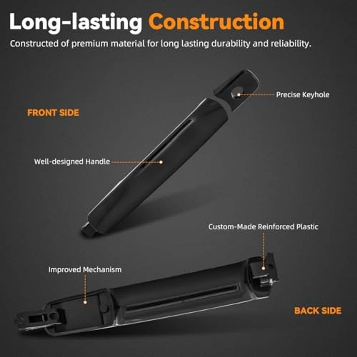 Black exterior door handle with keyhole, reinforced plastic design, front side