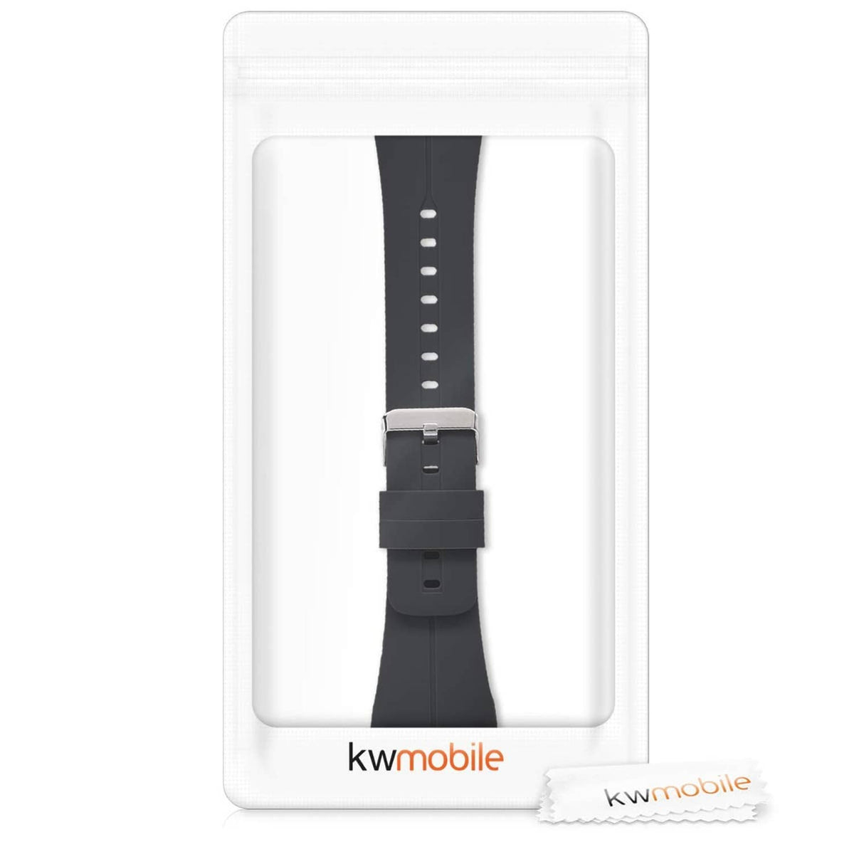 Black silicone watch strap in retail blister packaging, kwmobile branding at bottom