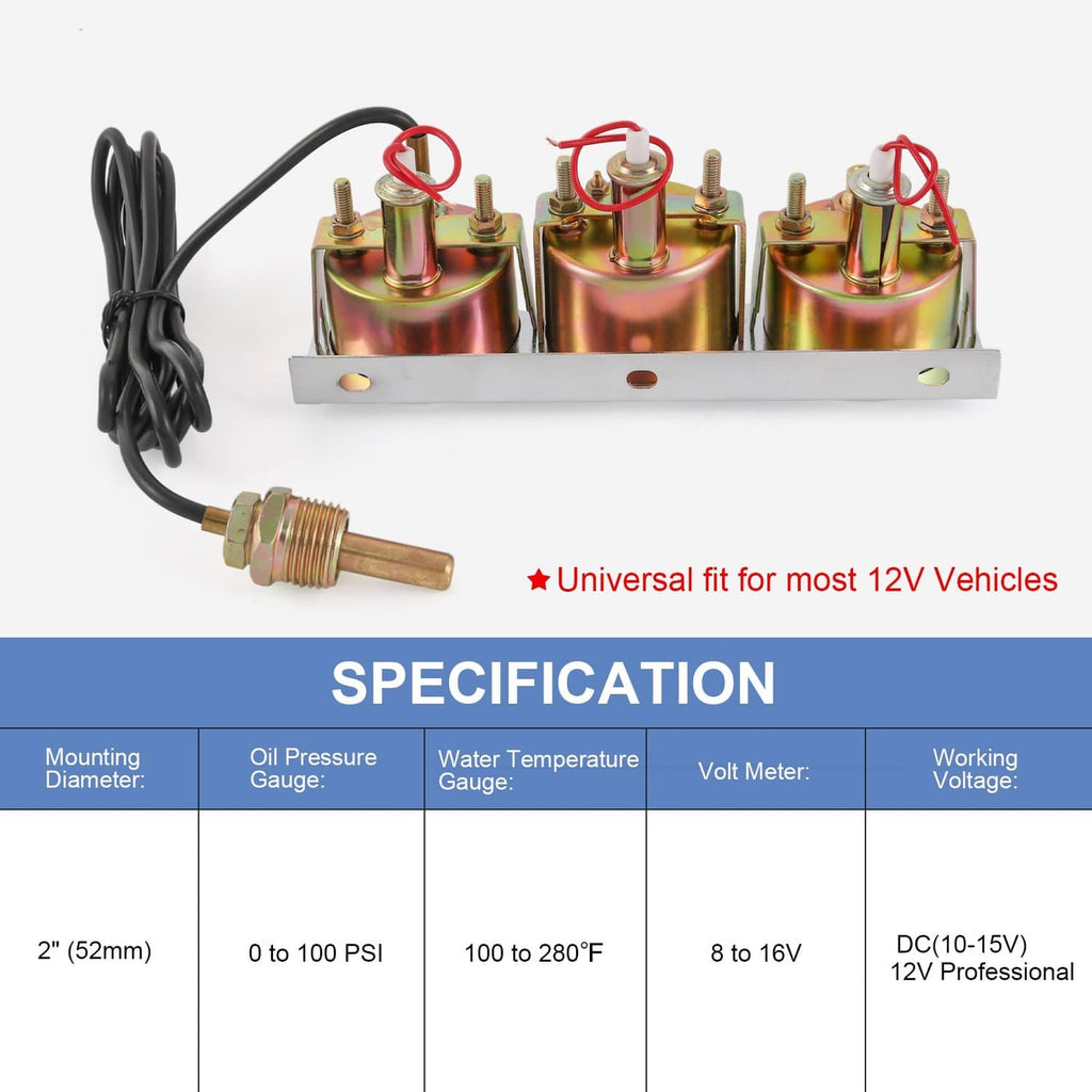 Mechanical triple gauge set rear with copper-colored sensor units and black wiring on mounting plate