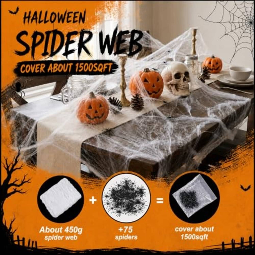 Halloween spider web cover set on a table with skull prop, pumpkins, and web pieces