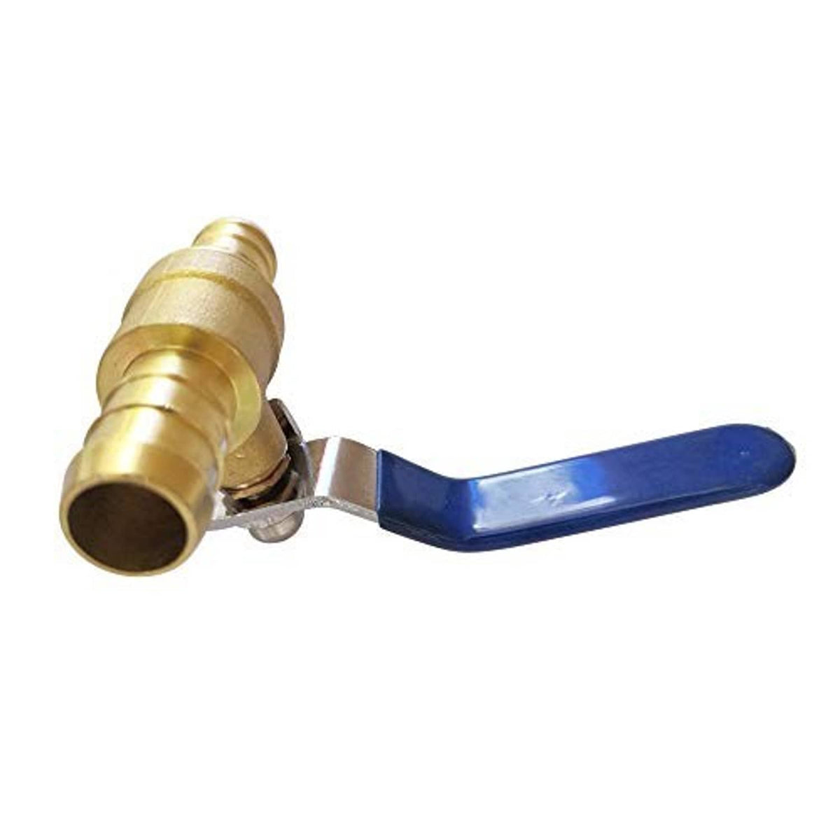 Brass ball valve hose shut-off with blue lever handle and threaded hose end