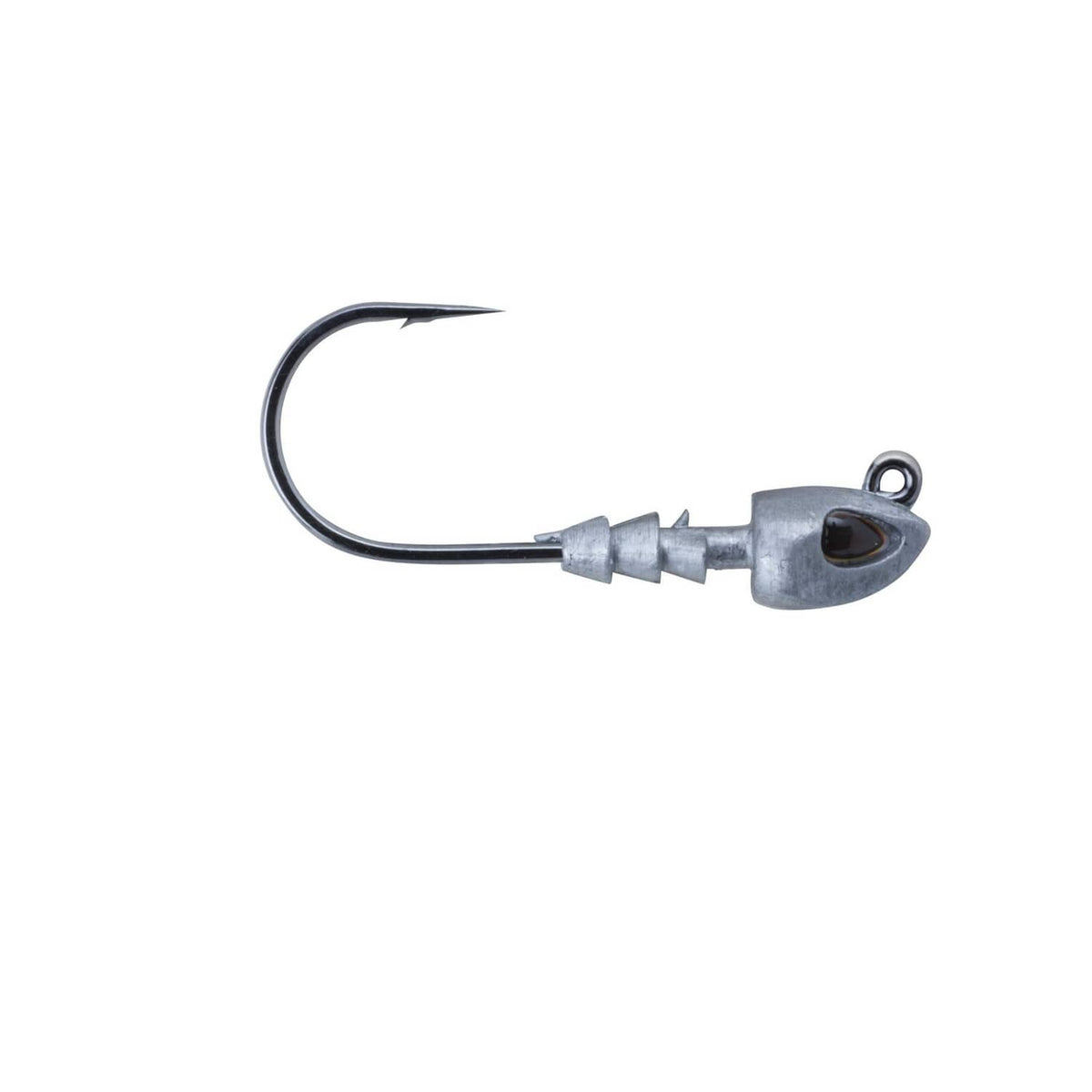 Unpainted swim bait jig head with black hook and lead-style gray body